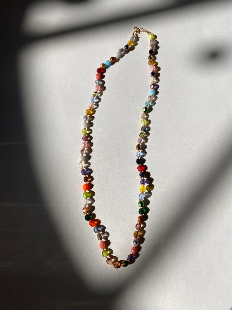 PATCHWORK BEADED NECKLACE Rainbow knotted beaded necklace with 14kt gold fill clasp image 2