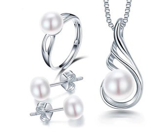 Amelia X - Bridesmaid Jewelry Set Pearl, Bridesmaids Pearl Jewelry Set, Bridesmaid Silver Jewelry Gift, bridal jewelry, Bridesmaid Jewelry