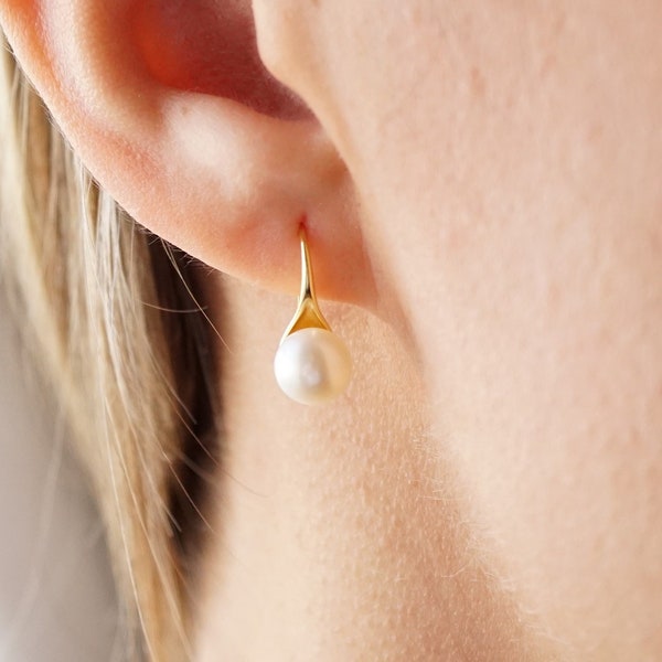 14K Gold Pearl Drop Earrings  - Wedding Earrings