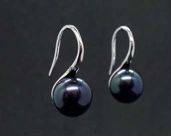 Real Silver Freshwater Black Pearl Drop Earrings - Bridal gift