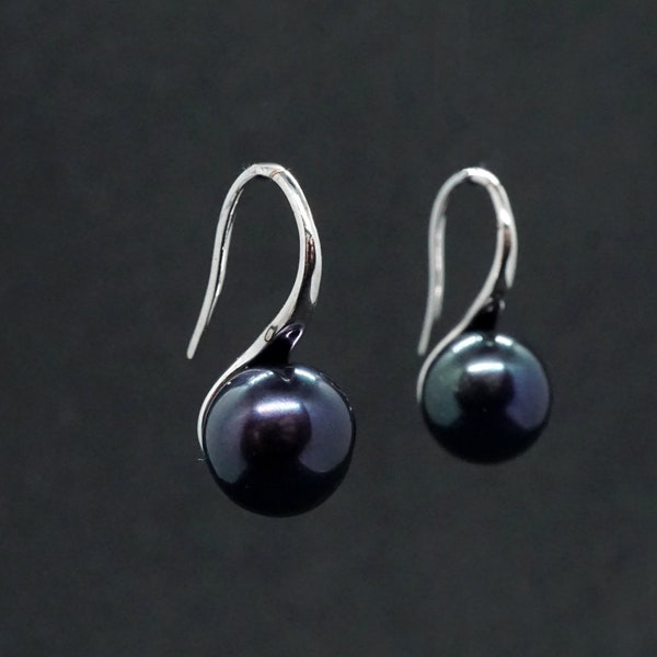 Boucles d'oreilles pendantes en argent véritable avec perles noires d'eau douce - Cadeau nuptiale