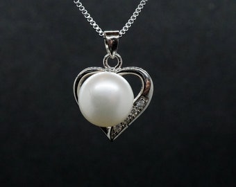 White Pearl Pendant | Heart Pearl Pendant | Pearl Drop Pendant | White Freshwater Pearl Pendant on Sterling Silver | Wedding Gift