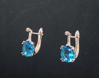 Jessica X - Pendientes Rose Gold Blue Sapphire Drop, Pendientes Gold Blue, Pendientes Crystal Teardrop, Pendientes Blue Bridesmaid