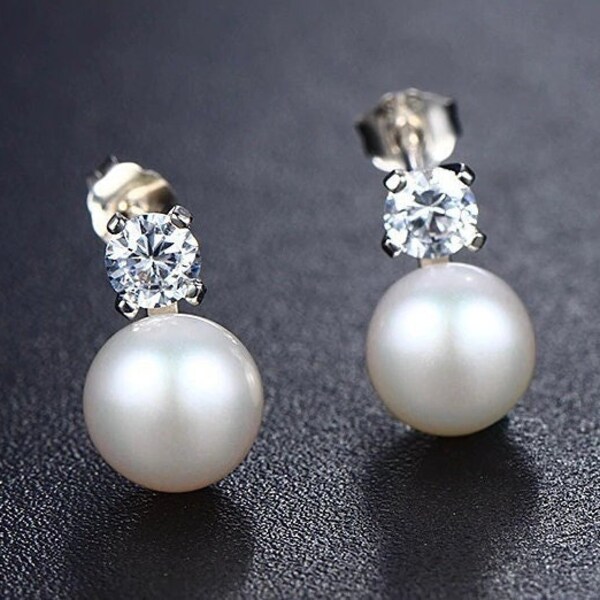 Tiny Genuine Pearl and CZ Stud Earrings in Sterling Silver, Natural Pearl Earrings, Freshwater Pearl Earrings, Pearl Stud