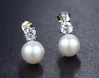 Tiny Genuine Pearl and CZ Stud Earrings in Sterling Silver, Natural Pearl Earrings, Freshwater Pearl Earrings, Pearl Stud