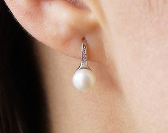 Real Silver Freshwater White Pearl Drop Earrings - Crystal Earrings
