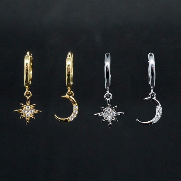 Boucles d'oreilles Huggie lune et étoile pavées • Boucles d'oreilles pendantes diamants en or • Bijoux célestes • Cadeau parfait pour elle