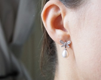 Real Silver Freshwater Pearl Butterfly Drop Earrings - Crystal Earrings