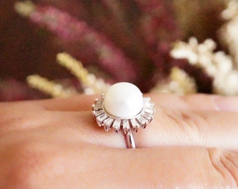 Antique Art Deco Sterling Silver Pearl Engagement Ring