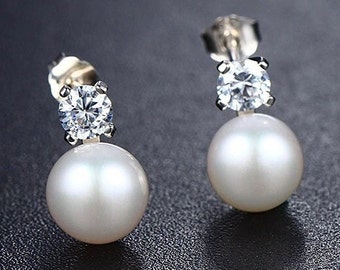 Sterling Silver Pearl Stud Earrings, Dainty CZ Diamond Earrings, Minimalist Earrings, Bridal Earrings, Wedding Jewelry, Anniversary Gift