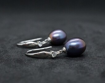 Silver Black Freshwater Pearl Drop Earrings - Wedding earrings