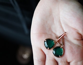 Adriana X - Rose Gold Green Emerald Drop Earrings, Gold Green Earrings, Crystal Teardrop Earrings, Green Bridesmaid Earrings