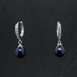 Silver Freshwater Black Pearl Drop Earrings - Bridal gift