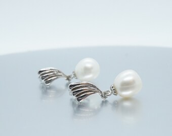 Real Silver White Freshwater Pearl Drop Earrings