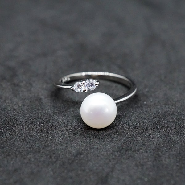 Fresh water white pearl and CZ ring, Adjustable pearl ring, Real pearl open ring, white pearl ring, Wedding CZ and pearl ring, Birthday