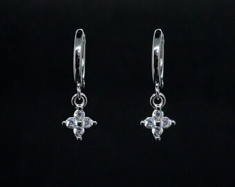 Hydrangea Flower CZ Huggie Hoop Earrings in Sterling Silver or Gold