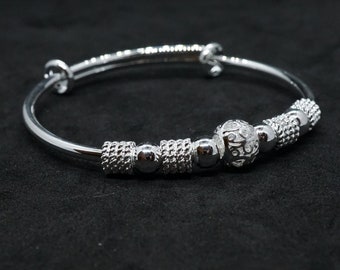Sterling Silver Beaded Bangle Bracelet - Minimalist Gift for Her