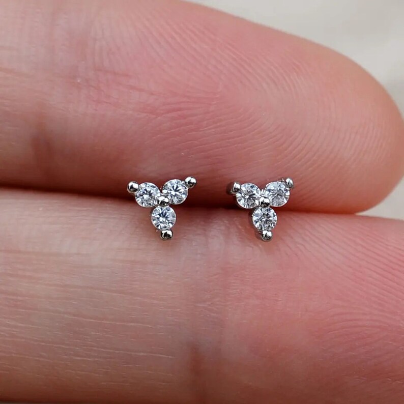 Very Tiny Three Dot Trio Stud Earrings in Sterling Silver with Sparkly CZ Crystals, Simple and Minimalist, Geometric, delicate earrings zdjęcie 3