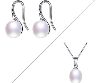 Freshwater Pearl Set | 925 Sterling Silver Minimalist Pearl Necklace | Jewellery Set | Pearl Bridal Set | Pearl Drop Earrings And Necklace