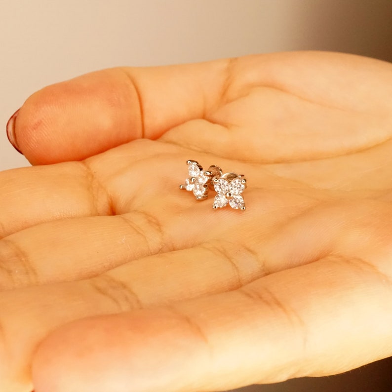 Very Tiny Hydrangea Flower Inspired Stud Earrings in Sterling Silver or Gold with Sparkly CZ Crystals, Simple and Minimalist zdjęcie 7