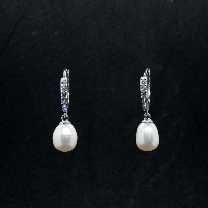 Silver Freshwater Pearl Drop Earrings Bridal gift image 1