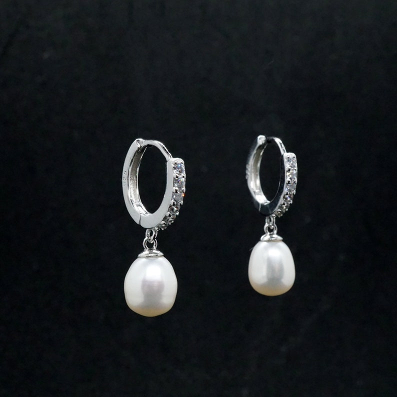 Silver Freshwater Pearl Drop Earrings Bridal gift image 3