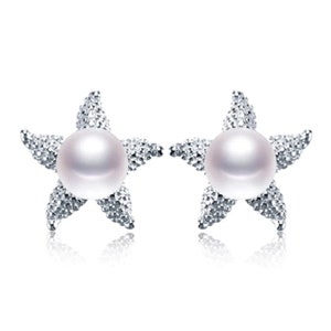 Real Sterling Silver Freshwater Pearl Star Stud Earrings - Bridal gift