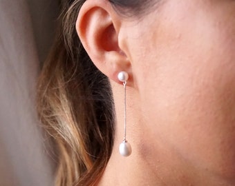 White Pearl Silver Drop Earrings - Wedding Earrings