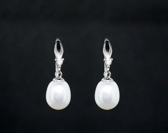 Real Silver Freshwater White Pearl Drop Earrings - Wedding earrings