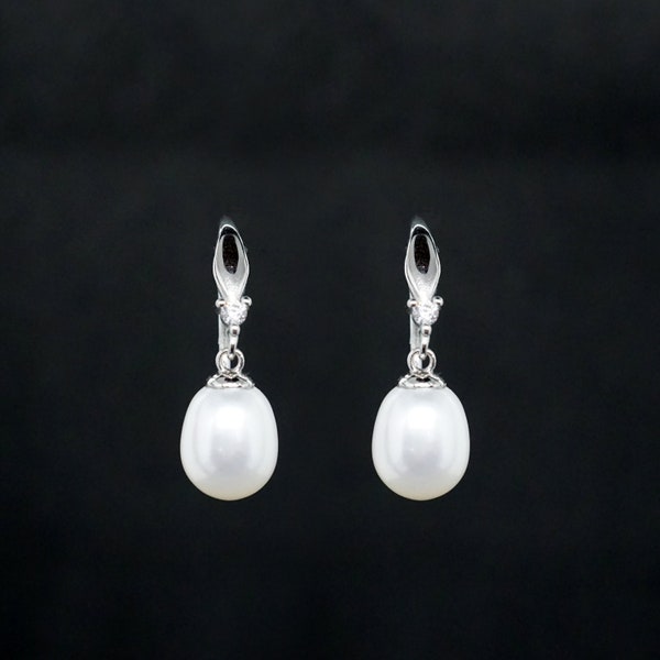 Real Silver Freshwater White Pearl Drop Earrings - Wedding earrings