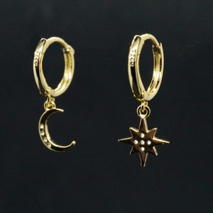 Mond und Stern Pave Huggie Ohrringe Gold Diamant Ohrringe Himmlischen Schmuck Perfektes Geschenk für Sie Bild 4