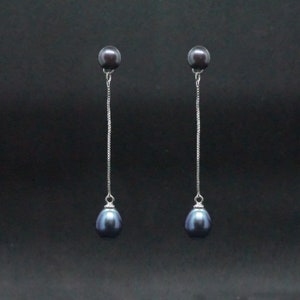 Black Pearl Silver Drop Earrings - Wedding Earrings