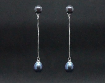 Black Pearl Silver Drop Earrings - Wedding Earrings