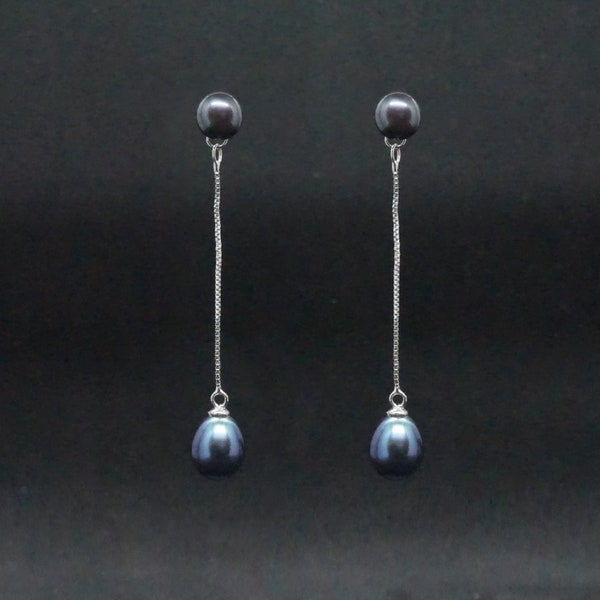 Boucles d'oreilles pendantes en argent avec perle noire - Boucles d'oreilles de mariage