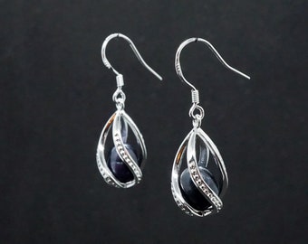 Real freshwater Black Pearl Drop Silver Earrings - Bridal gift