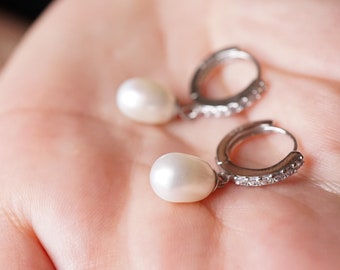 925 Silver Filled Thick Huggie Hoops - Thick Huggie Hoop Pearl Earrings - Simple Thick Huggie Hoops