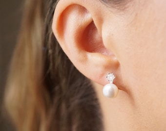 Real Sterling Silver Freshwater Crystal Pearl Stud Earrings - Bridal gift