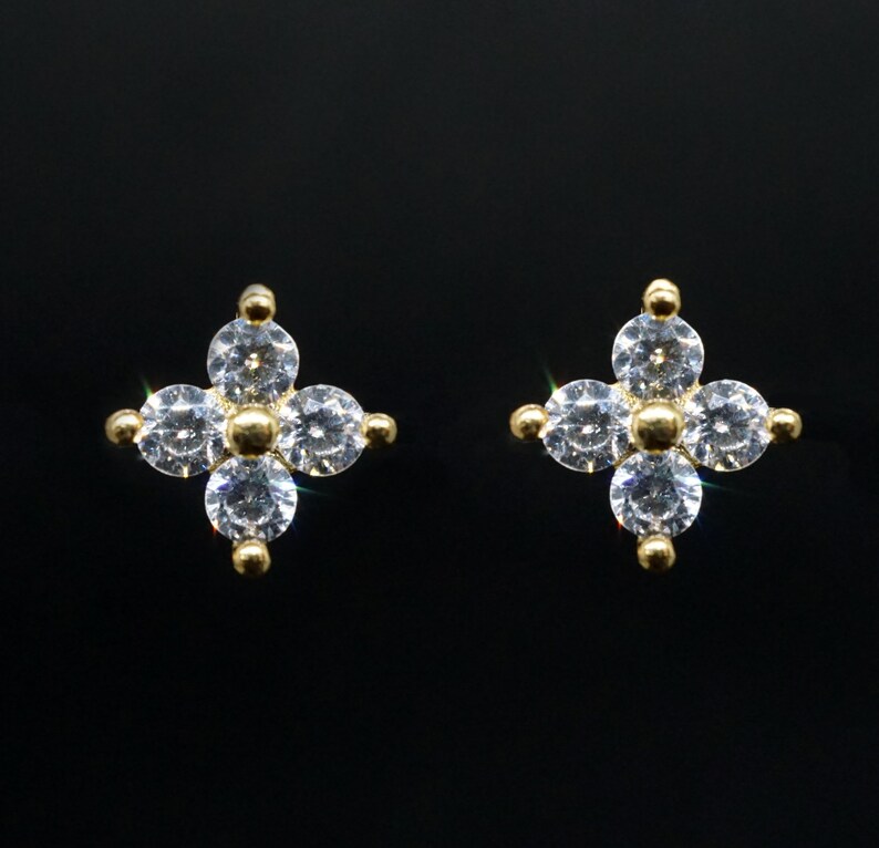 Very Tiny Hydrangea Flower Inspired Stud Earrings in Sterling Silver or Gold with Sparkly CZ Crystals, Simple and Minimalist zdjęcie 2