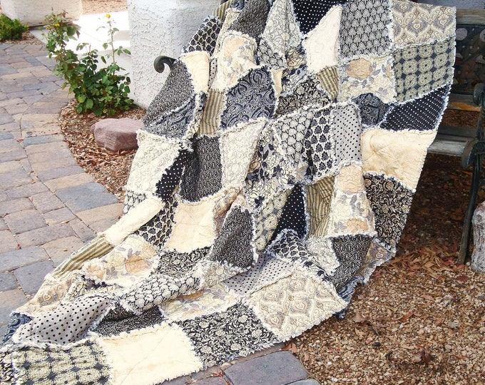 QUEEN Size Rag Quilt Neutral Tones Black Cream Tan and Etsy