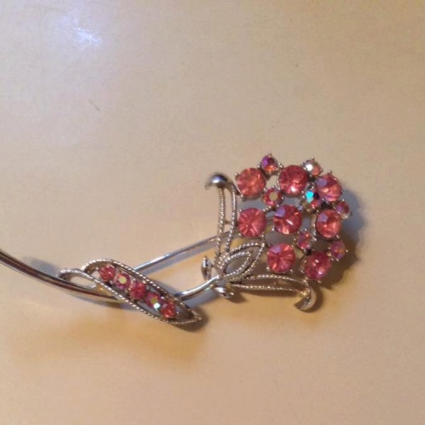 Coro jewelry, brooch, Pink Coro vintage brooch. Beautiful pink rhinestones in a silver setting. Large 3". Marked Coro. Excellent condition