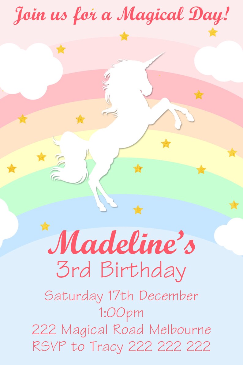 magical unicorn rainbow birthday invitation diy printing