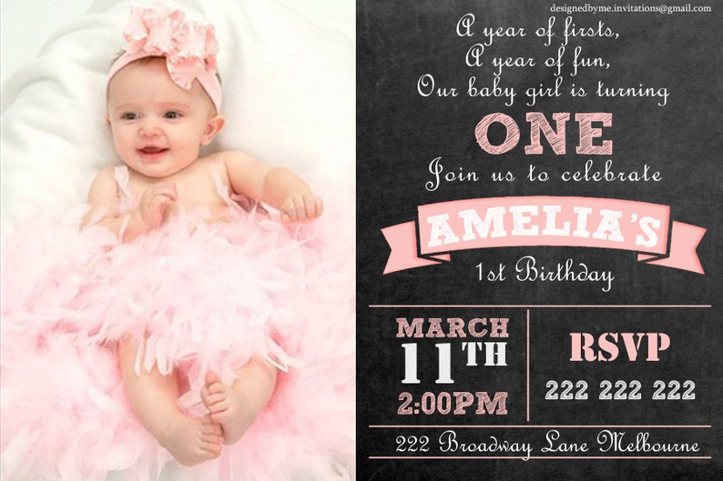 Baby Girl Chalk Board Personalised 1st Birthday Invitation Etsy