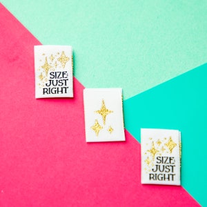 Size inclusive sew in labels for handmade or homemade items. Reads "Size: Just Right" with gold stars on it.