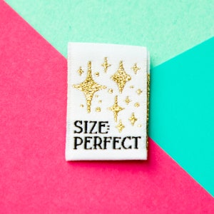 Size inclusive sew in labels for handmade or homemade items. Reads "Size: Perfect" with gold stars on it.