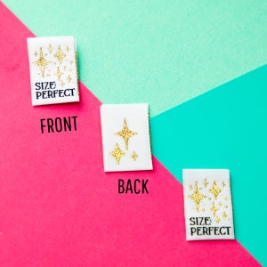 Size inclusive sew in labels for handmade or homemade items. Reads "Size: Perfect" with gold stars on it.