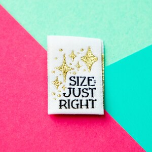 Size inclusive sew in labels for handmade or homemade items. Reads "Size: Just Right" with gold stars on it.