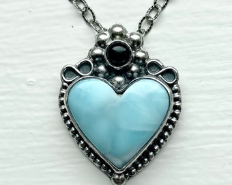 Larimar Heart and Black Onyx Sterling Silver Necklace