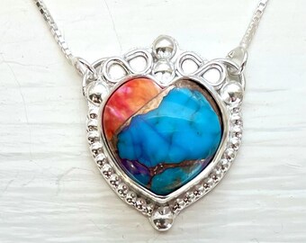 Mohave Turquoise/Spiny Oyster shell Heart Sterling Silver Necklace