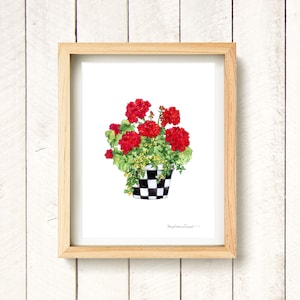 May include: A watercolor painting of a red geranium plant in a black and white checkered pot. The plant is in full bloom and the flowers are a vibrant red. The pot is a classic design with a black and white checkered pattern.