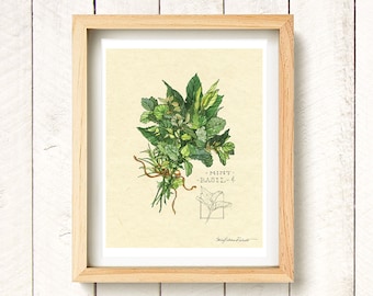 Garden Herbs - Basil & Mint - watercolor art print 8.5x11"